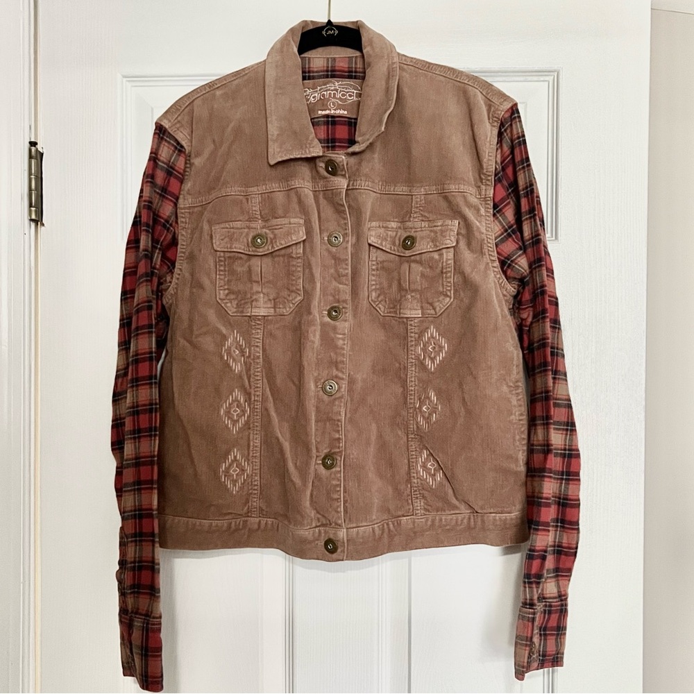 Corduroy Utility Jacket Large Plaid Sleeves Western Barn Rustic Fall Brown Cozy